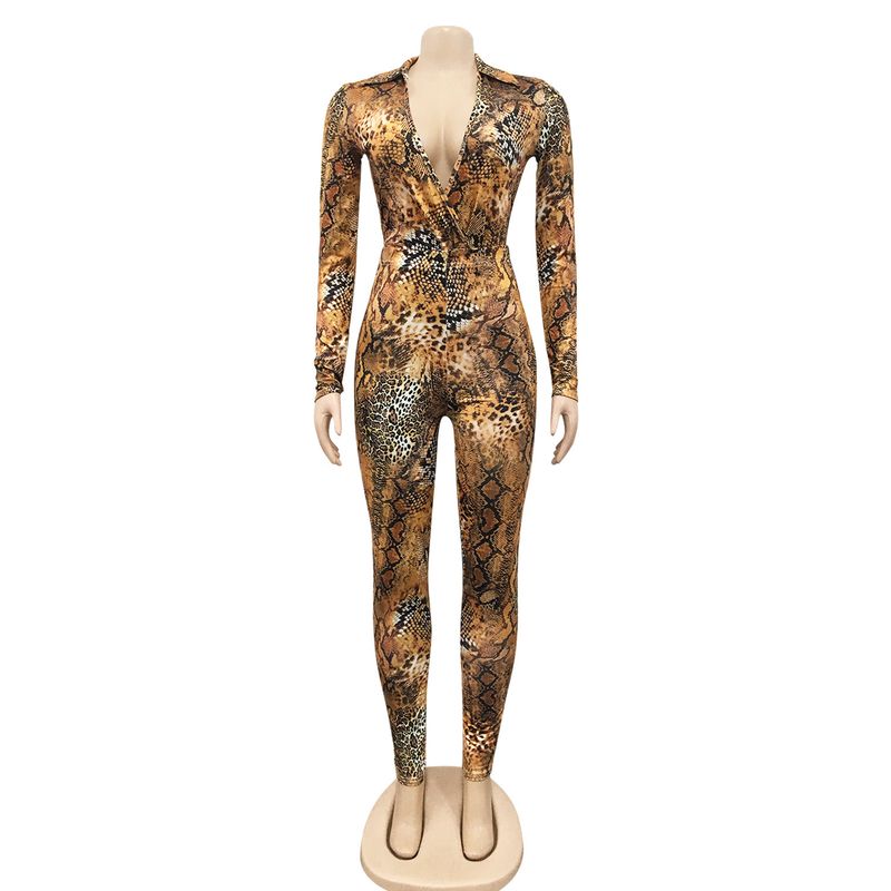 Set aus Oberteil und Hose mit V-Ausschnitt im Boho-Print – Fließendes Lounge-Ensemble mit langen Ärmeln (Gelb/Braun/Schlangenmuster, S-XXL)_voghion.com