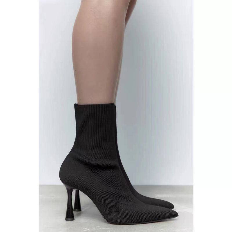 ZA Automne Nouvelles Chaussures Femme Tissu Noir Haute Élasticité Bout Pointu Stiletto Court Chaussette Bottes Mode_voghion.com