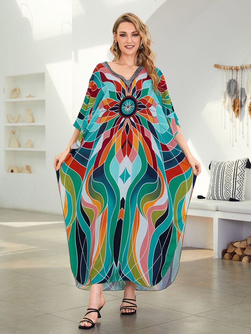 Sukienka maxi z nadrukiem w stylu boho, damska, narzutka z wiskozy – zwiewna tunika plażowa z etnicznymi wzorami, luźny krój w dużych rozmiarach, narzutka na bikini, strój na wakacje_voghion.com
