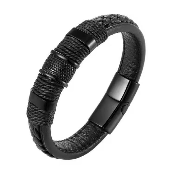 Braccialetto punk con fibbia magnetica, in acciaio al titanio, da uomo, a doppio strato, in vera pelle intrecciata, con personalità._voghion.com