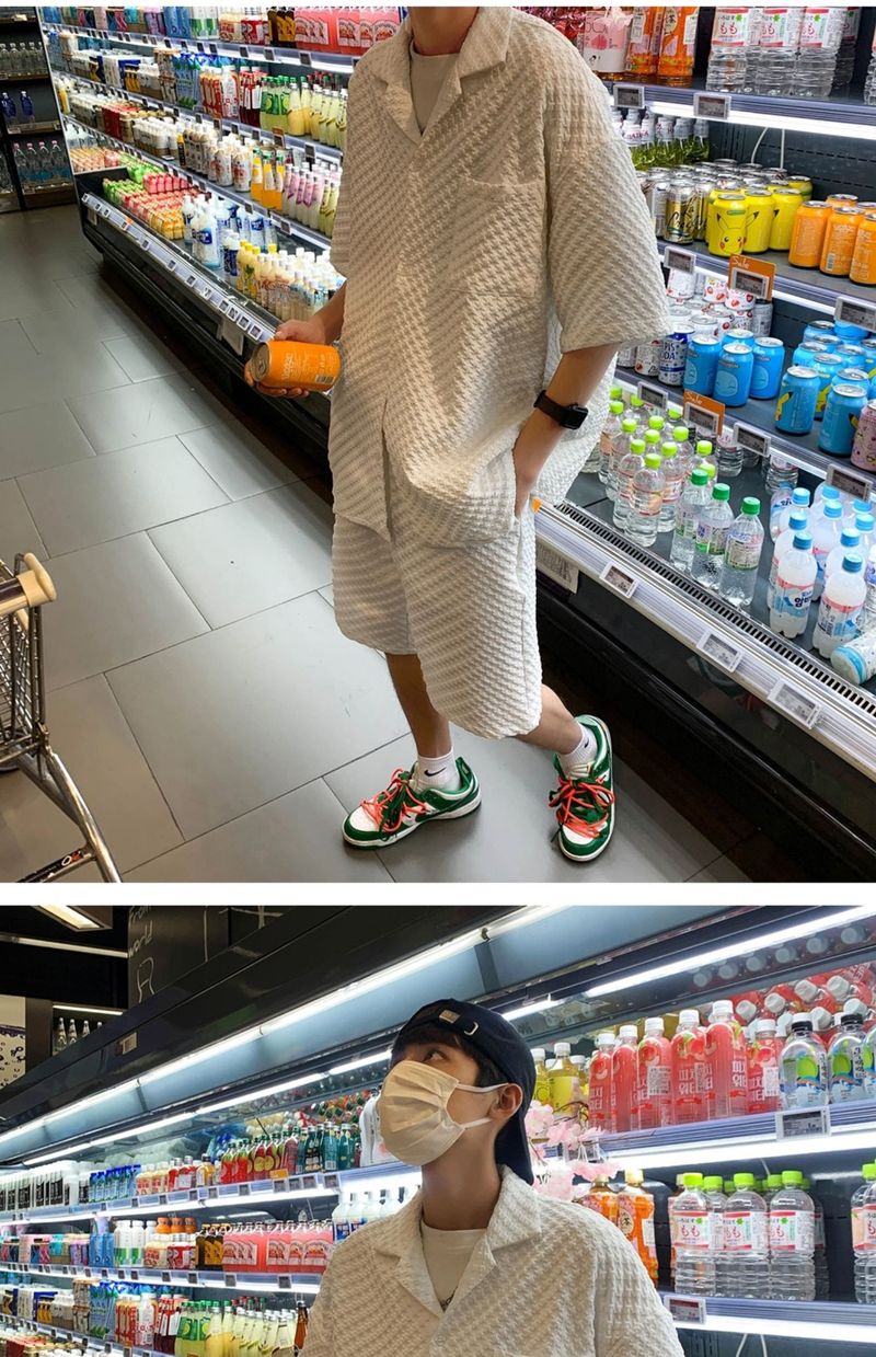 Summer Lightweight Casual Sports Men's White Short Sleeve Shirt Straight Waffle Shorts Set_voghion.com