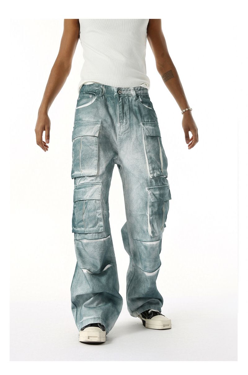 EF JEANS | 2025 Spring New Niche Heavy Industry Gradual Change Spray Color Do Old Multi Pocket Wide Leg Cargo Pants Tide_voghion.com