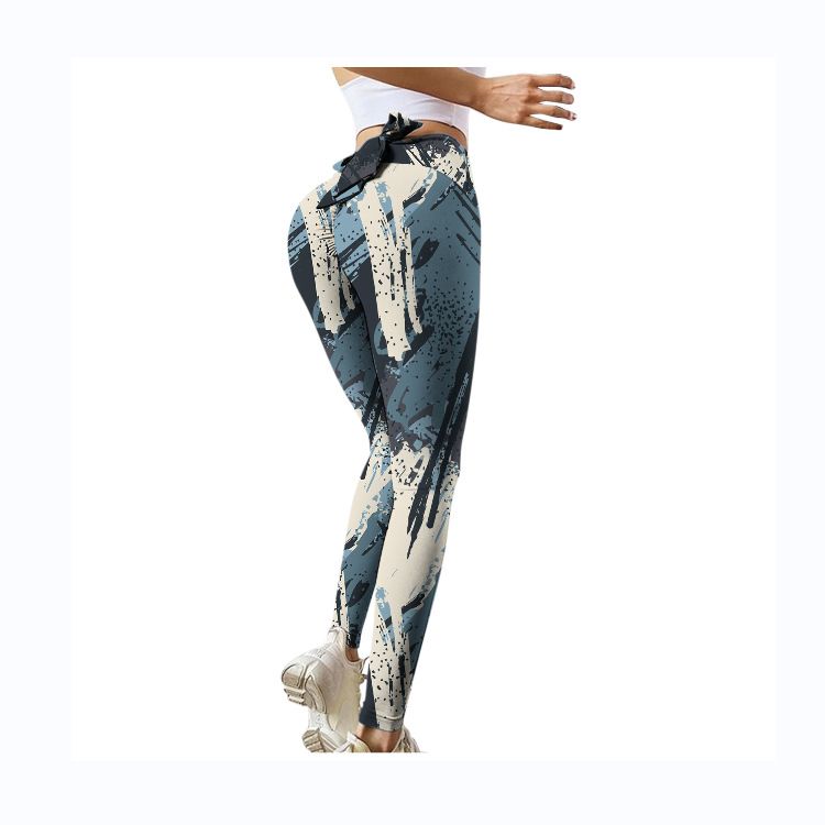 Pantaloni da yoga da yoga da donna con stampa multicolore antirughe sull'anca, dimagranti a vita alta, con fiocco elasticizzato_voghion.com