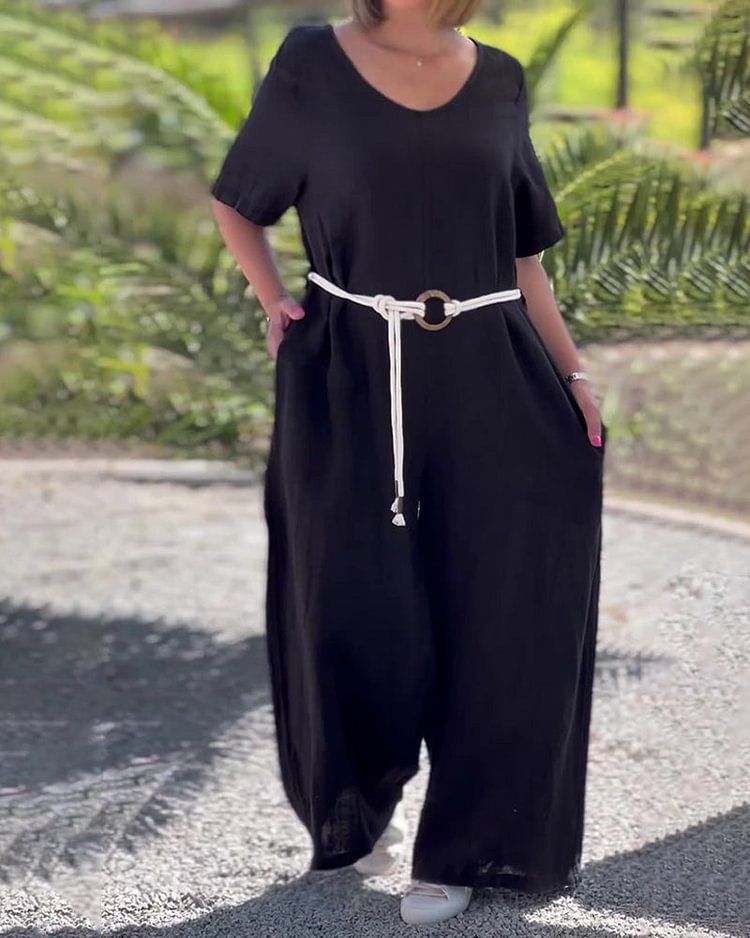 Dameskleding Casual Effen Kleur V-hals Jumpsuit Mid Taille Zak Jumpsuit Met Riem_voghion.com