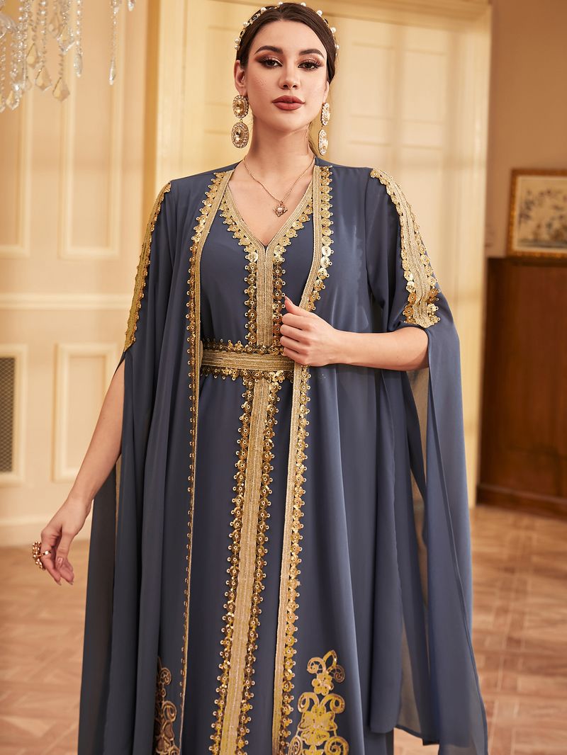 Damenbekleidung Abendkleid Robe Pailletten Ultra Langarm Zweiteiliges Kleid_voghion.com