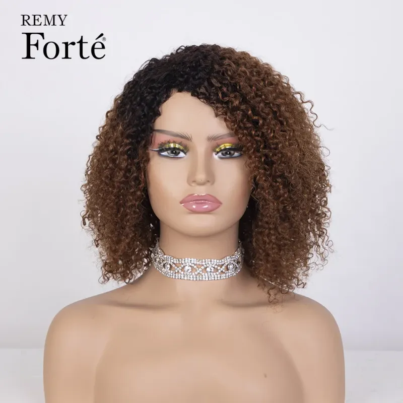 180% Korte Afro Kinky Krullend Menselijk Haar Pruiken Ombre Highlight Pruik Pony Gekleurde Braziliaanse Bob Vrouwen_voghion.com