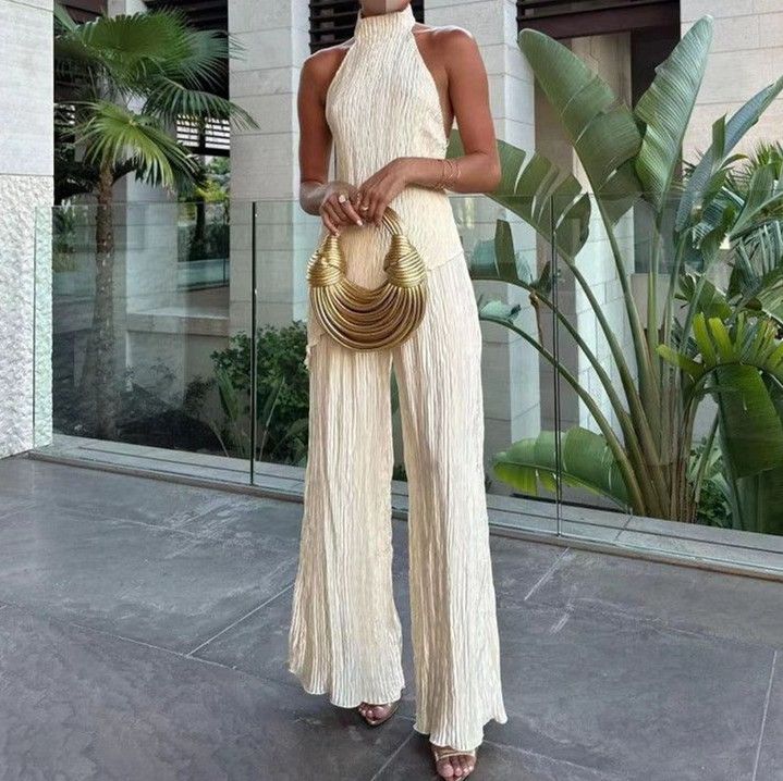 Completo due pezzi con scollo all'americana, top drappeggiato, pantaloni a gamba larga e pieghe casual, per donna, nuovo design estivo 2025_voghion.com