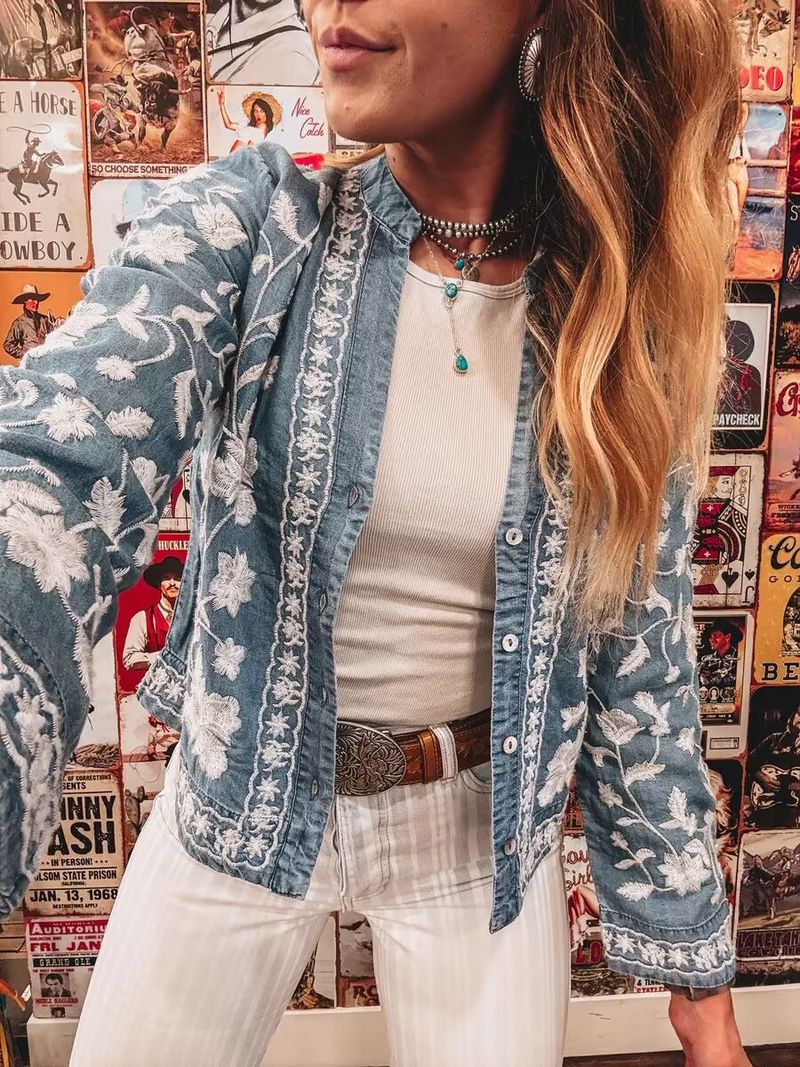 Camicia in denim ricamata da donna, camicetta a maniche lunghe con scollo a V e bottoni, vestibilità ampia, top casual ed elegante per la primavera/estate._voghion.com