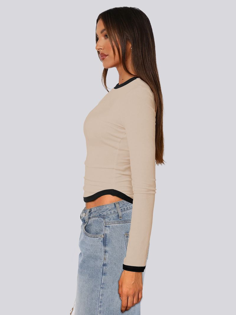Blusa feminina primavera verão 2025, manga comprida, gola redonda, slim fit, bloco de cores_voghion.com