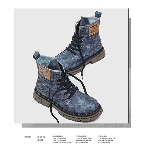Men’s Shoes version sweet retro style thick heel round toe front lace up men's mid tube denim boots_voghion.com