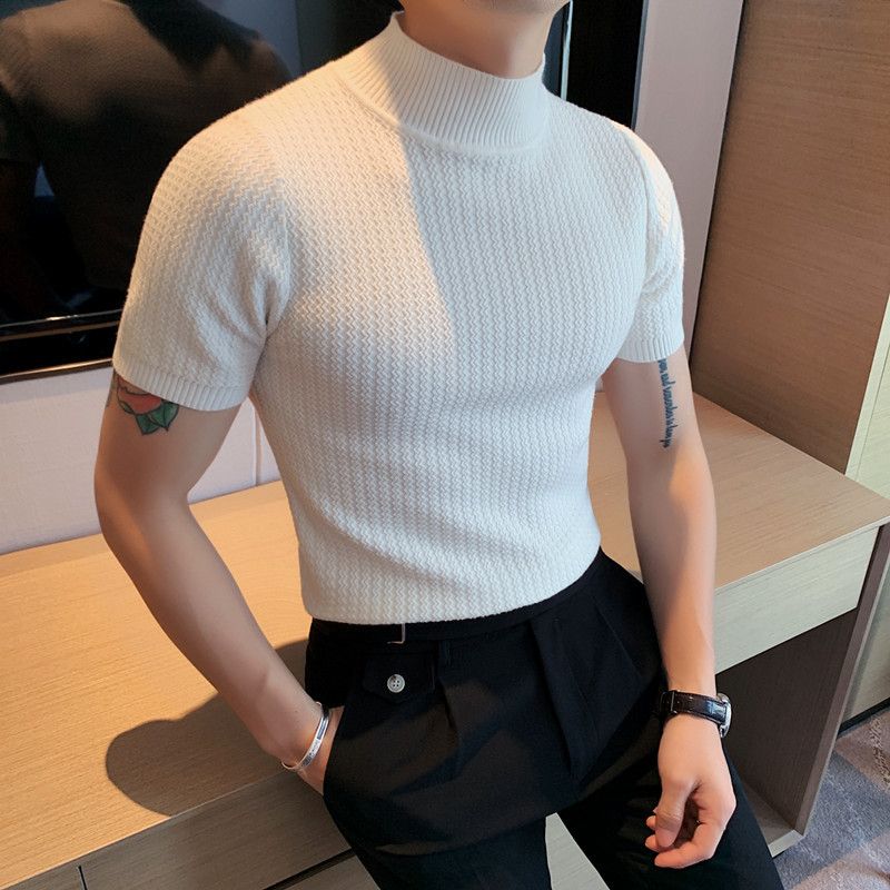 Frühling Herren Slim Fit Halbrollkragen Lässige Mode Hübsches T-Shirt Mittelhals Kurzarm Strickpullover Basis_voghion.com