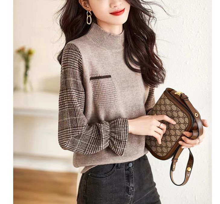 Haut à manches longues tricoté à col haut européen pour femme au printemps, automne, hiver 2024, nouvelle mode et style occidental_voghion.com