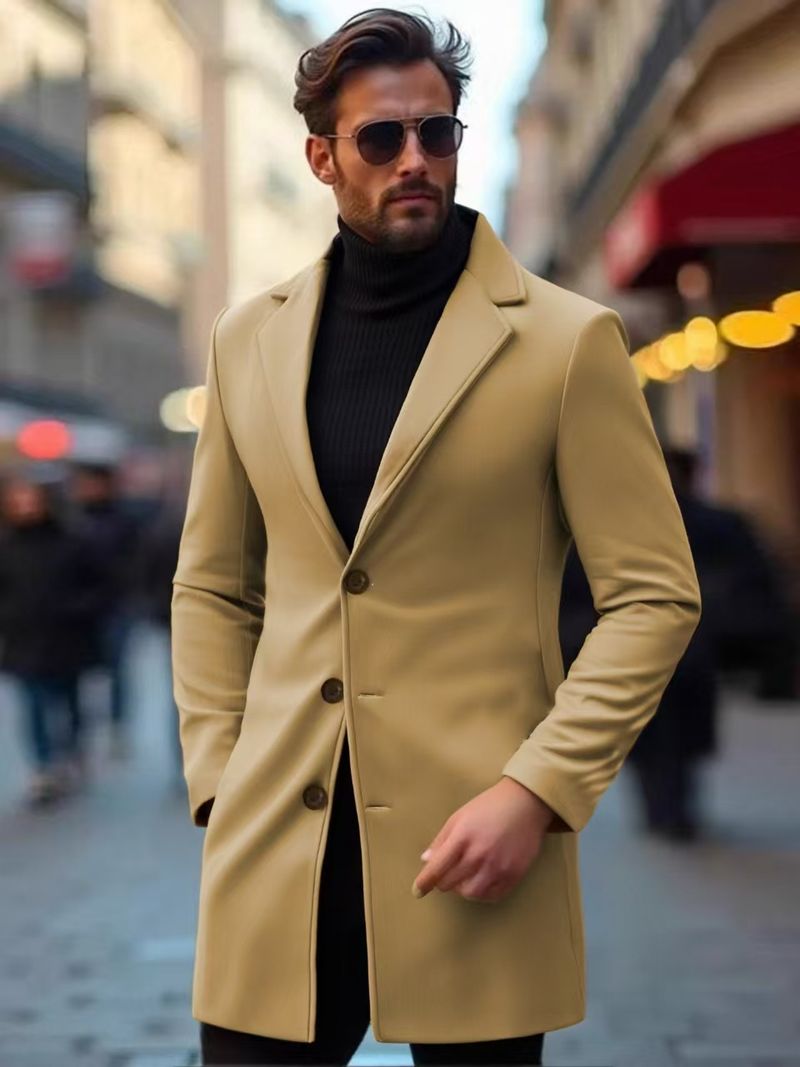 Elegant Slim-Fit Wool-Blend Trench Coat – Stylish Mid-Length Overcoat For Men & Women (Light Gray, Black, Dark Gray, Khaki)_voghion.com
