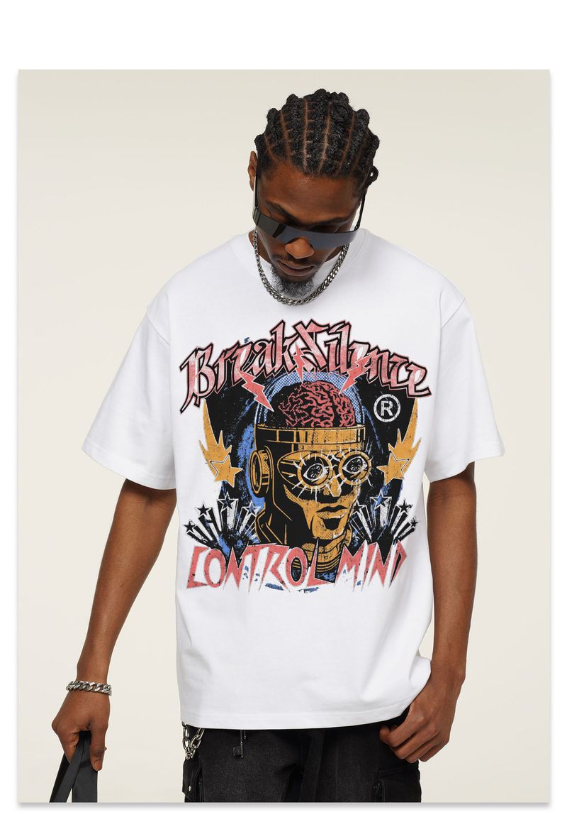 Vêtements pour hommes 2025 Cross Border Summer Frankenstein American Street Washed Old Direct Injection Printing Heavy Weight Col rond Manches courtes Hommes_voghion.com