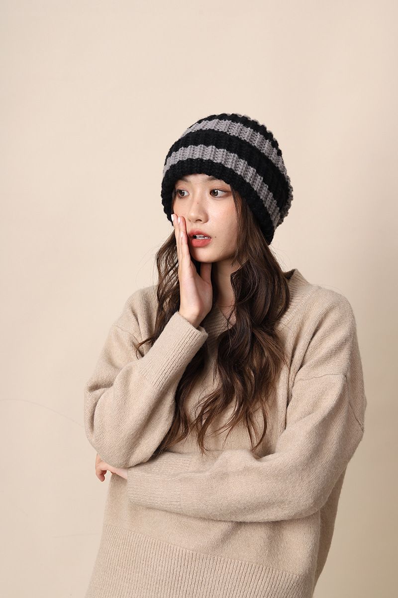 Stacked autumn and winter lazy style color blocked coarse knitted woolen women's cold men's big head circumference show_voghion.com