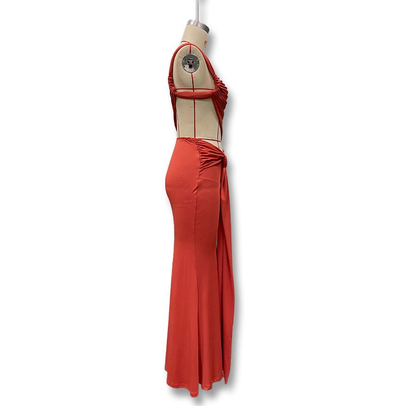 Abito lungo arricciato con lacci, tinta unita, alla moda, con schiena scoperta, monospalla, estivo 2025_voghion.com
