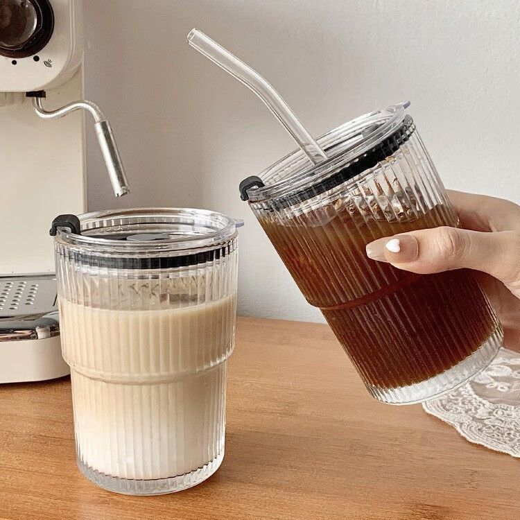 Striped Glass Coffee Cup With Lid & Straw - 12oz Reusable Drinking Glass For Hot/Cold Beverages (Iced Latte Milk Juice Dishwasher Safe)_voghion.com