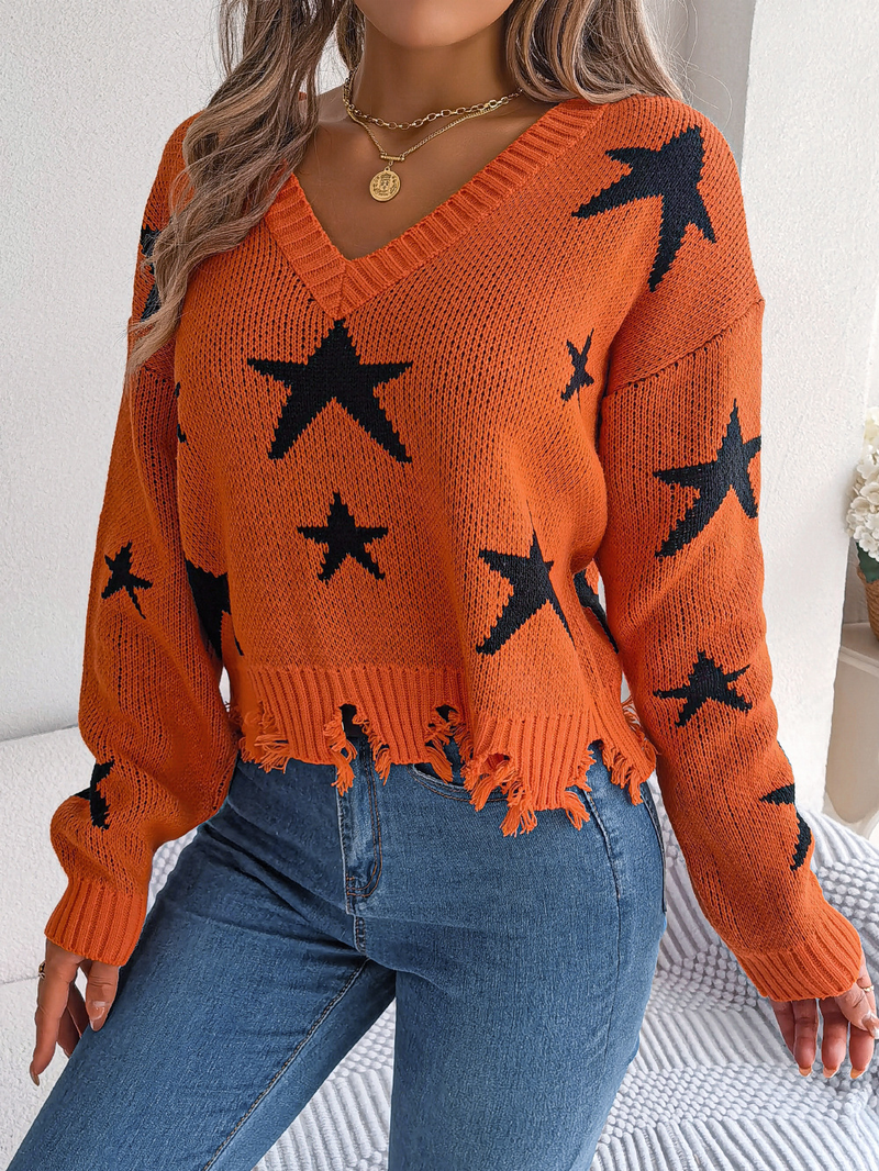 Damenbekleidung Stil Herbst und Winter Lässiger V-Ausschnitt Star Cut Langarm Strickpullover Damenbekleidung_voghion.com