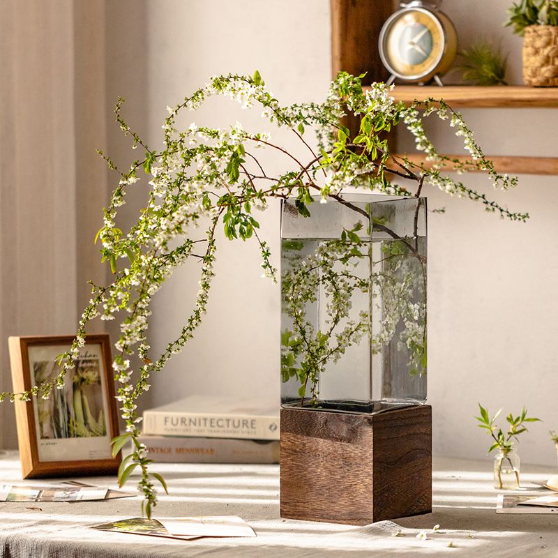 Nordesch Glasvase mat Holzbasis fir hydroponesch Blummen Kënschtlech Gedréchent Blummen Wunnzëmmer Büro Schreifdësch Terrarium Dekoratioun_voghion.com