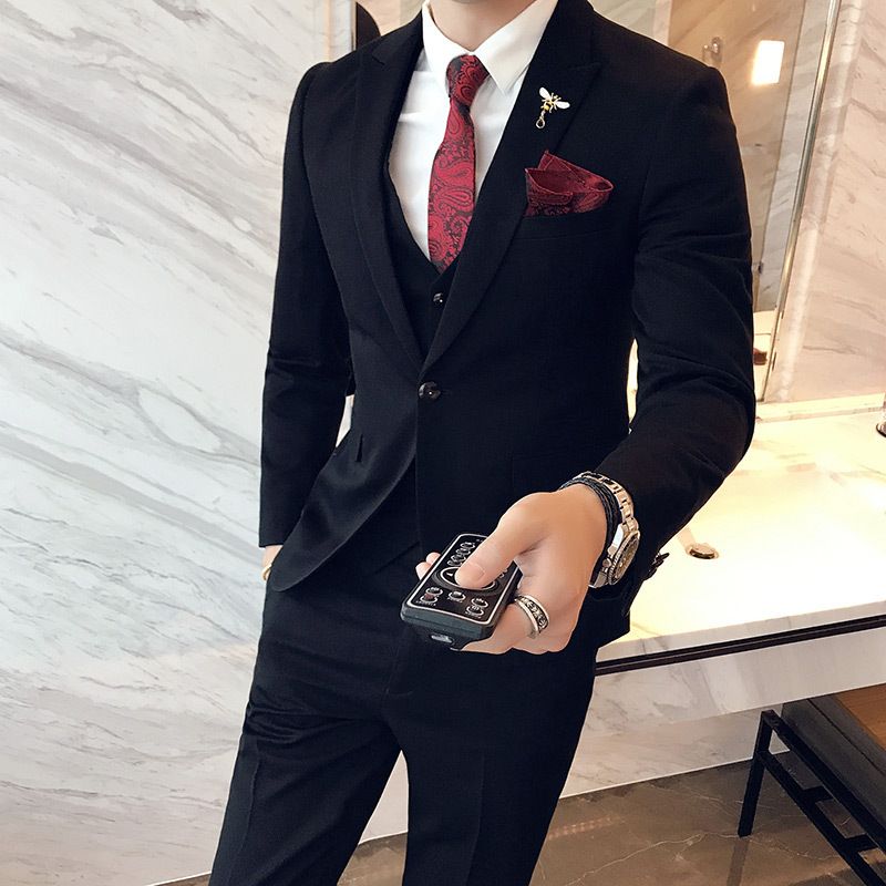 CT Solid Color Business Performance Internet Celebrity Wedding Groomsman Red Men's Suit Three-Piece Set_voghion.com
