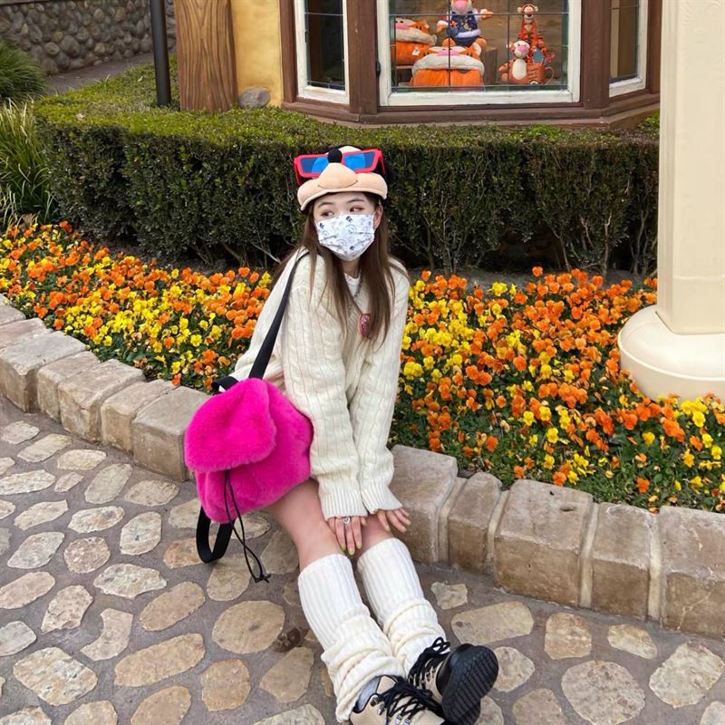 New Plush Backpack Rabbit Fur Fur Backpack Student Girl Large Capacity Drawstring Leopard Pattern Solid Color Versatile Bag_voghion.com
