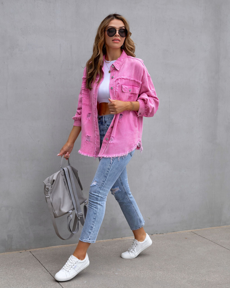 Chaqueta vaquera con bordes rugosos y agujeros para mujer, chaqueta informal con solapa, temperamento de primavera y otoño, novedad de 2023_voghion.com