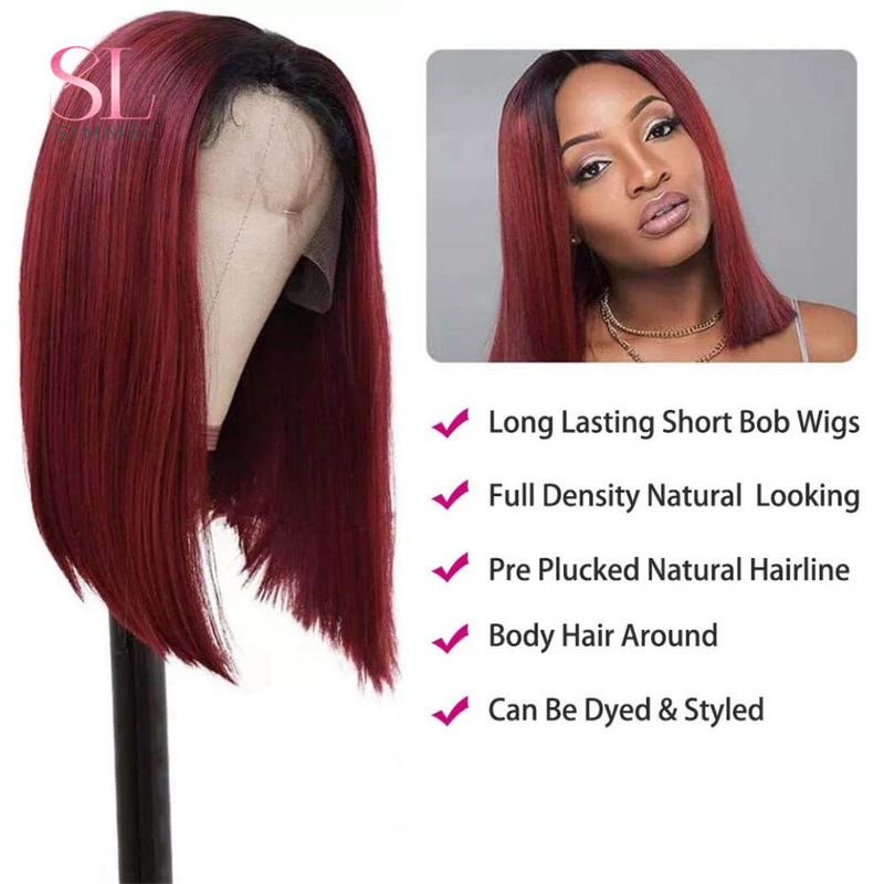 Hetsäljande T1B/99j Bury Red Rakt Bob T-del Lace Front Människohår För Kvinnor Färgat Brasilianskt Remy Hår Limfri Naturlig Peruk_voghion.com