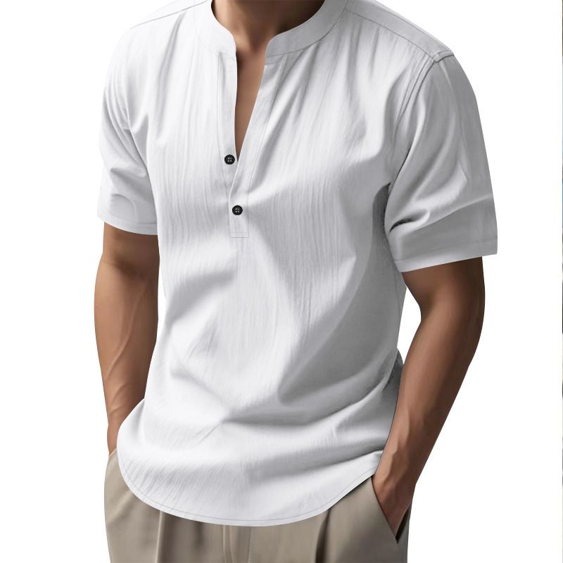 Herrenbekleidung Außenhandel Herren Casual Loose Shirt Herren Trendy Stehkragen Leinen Kurzarm Einfarbiges Hemd Große Herrenbekleidung_voghion.com