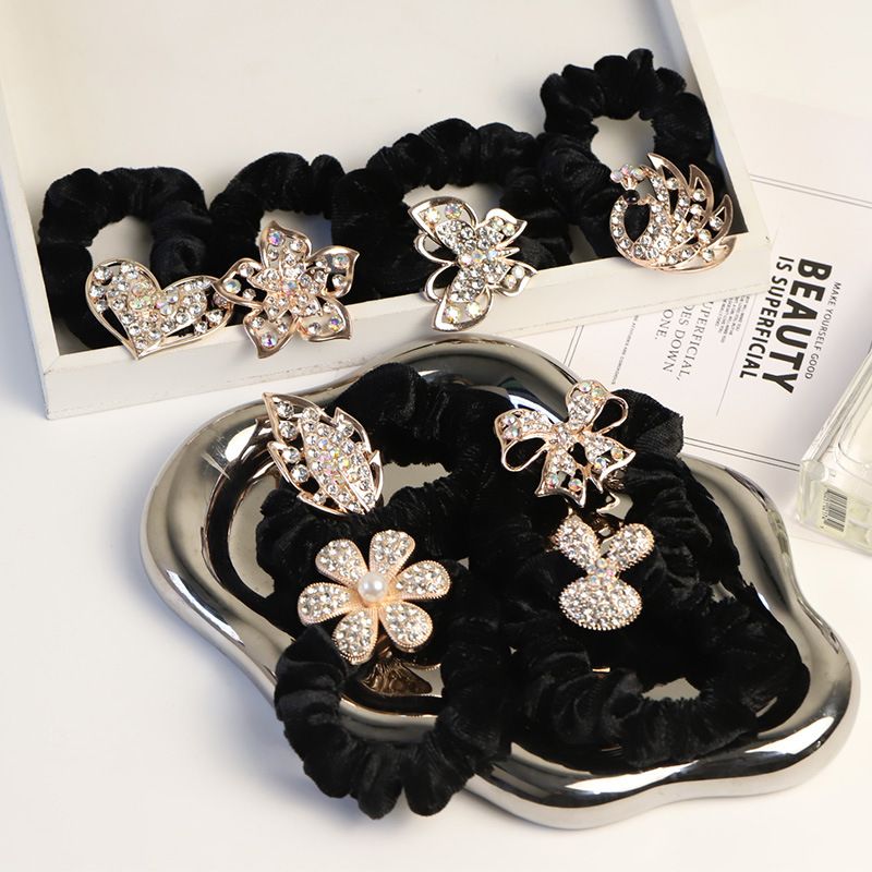Elegant Korean-Style Rhinestone Hair Ties Set - Black Bow & Heart Design Scrunchies For Ponytail & Bun (8 Styles)_voghion.com