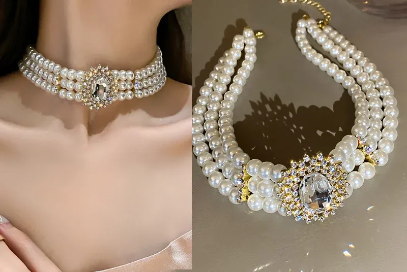 Crystal Pearl Multi-layer Short Choker Necklace Design Light Collar De Perlas_voghion.com