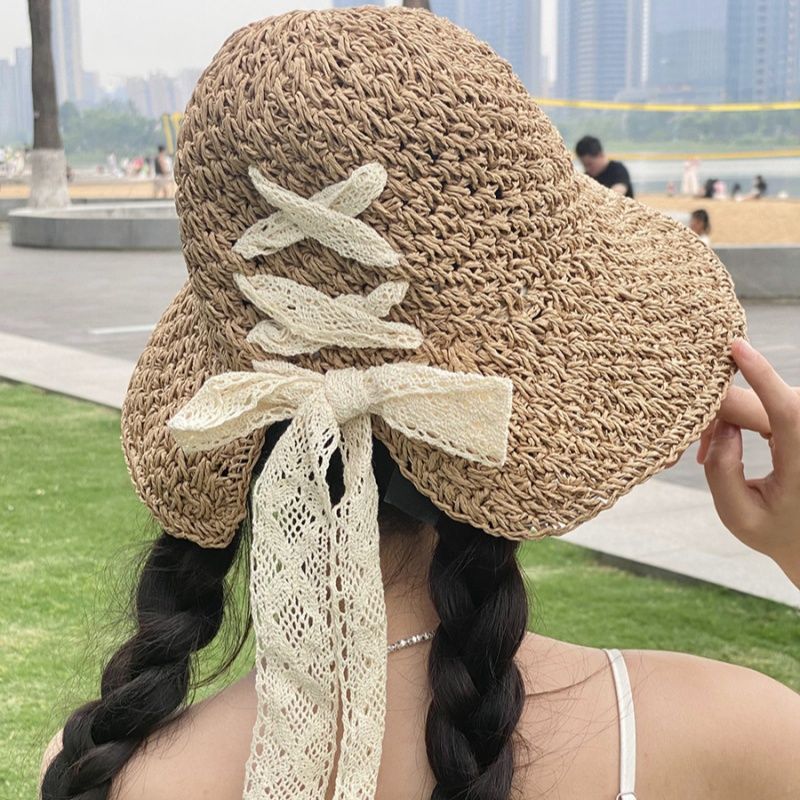 Cappello da sole fatto a mano con tesa larga, fatto a mano, con cinturino in pizzo, da fata, estivo, da gita, protezione solare, 56-58 cm_voghion.com