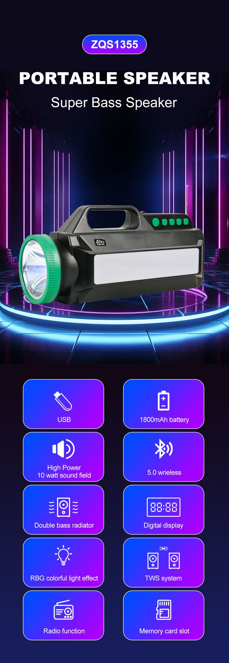 ZQS1355 Solcellsladdande utomhushögtalare med stor kapacitet, LEB-ficklampa, trådlös Bluetooth-högtalare_voghion.com