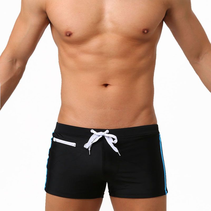 Men's Low-Rise Swim Shorts - Solid Color Contrast Panels With Adjustable Drawstring & Secure Zip (Quick-Dry UPF 50+ & Anti-Slip)_voghion.com
