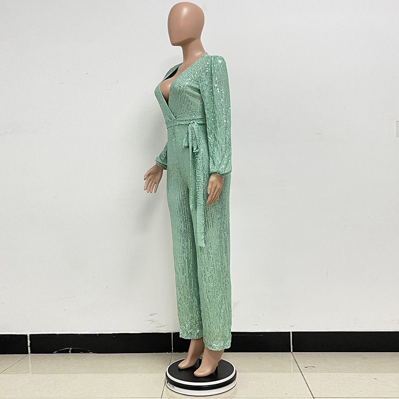 Damkläder Ins Style Deep V Mode Casual Jumpsuit Långärmat Bälte Paljett Jumpsuit Dam_voghion.com