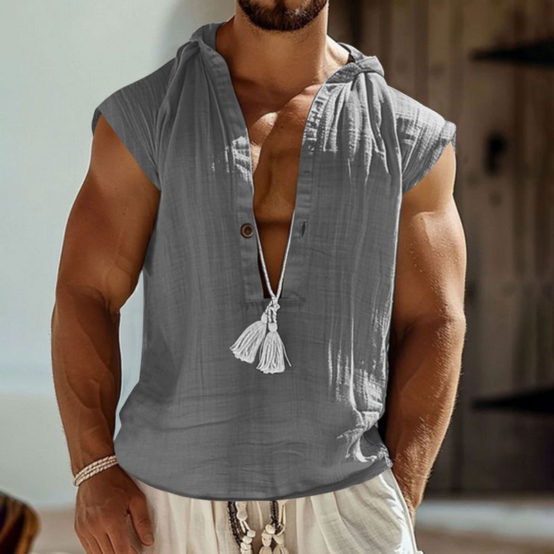 V-Ausschnitt Lockeres Unterhemd Einfarbig Baumwolle Leinen Herren Strand Plus Size Herren Ärmelloses Hemd_voghion.com