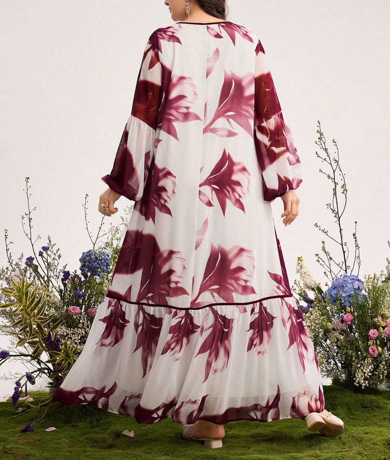 Plus Size Dress With Artistic Tie-Dye Print | V-Neck Long Sleeve Wrap Belt Maxi Dress | Elegant A-Line Flowy Dress For Women (Purple, 0XL-4XL)_voghion.com