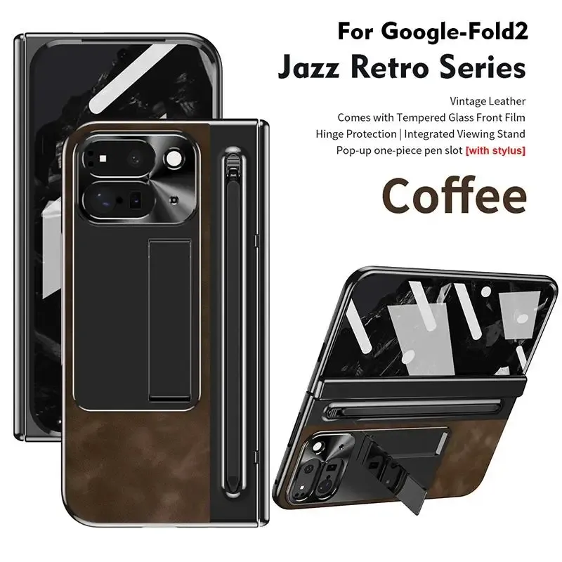 Luxus-Retro-Leder mit S-Pen-Ständer-Telefonhülle für Google Pixel Fold 2 Scharnier-Displayschutzfolie Stiftschlitz Stoßfeste Abdeckung_voghion.com