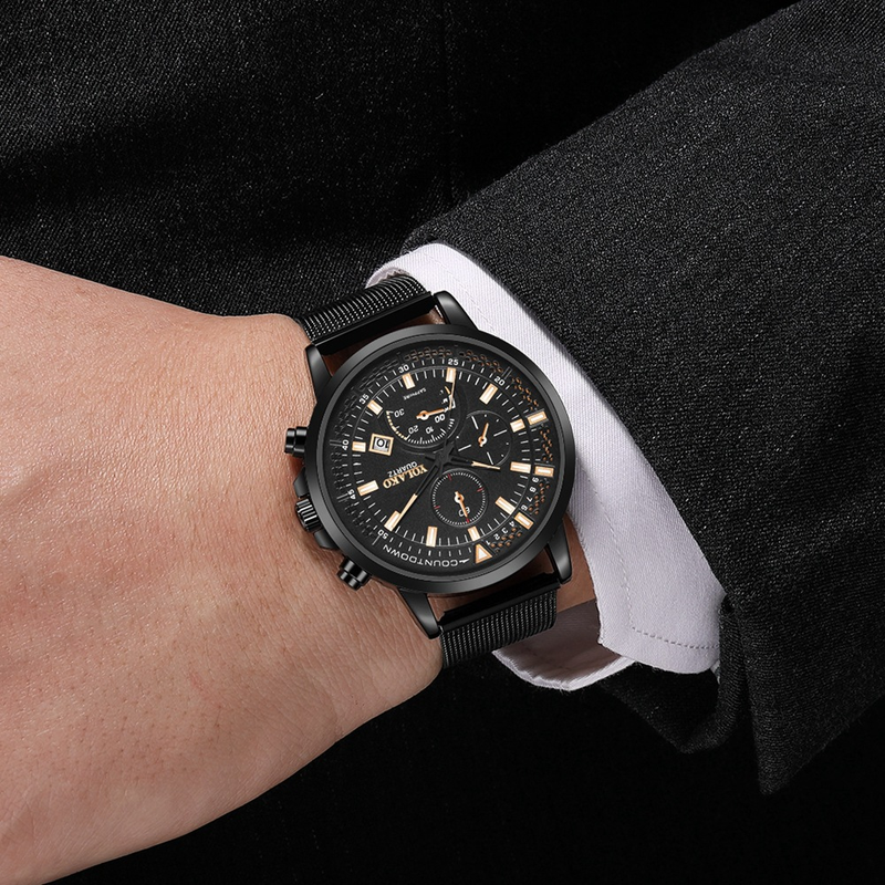 Blue and White Graduated Calendar Net Belt Fashion Fake Three Eyes Selection New Product Men's Watch_voghion.com