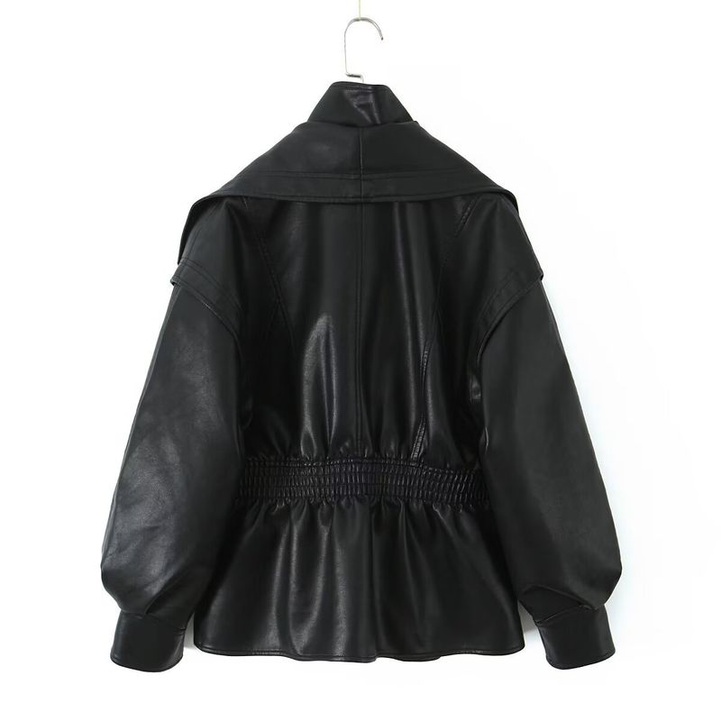 Giacca in pelle da donna con colletto a doppio strato, elegante e di alta qualità, che snellisce la vita_voghion.com