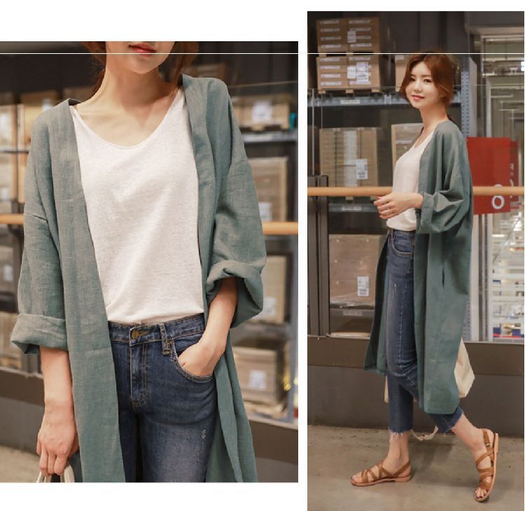 8852025 Printemps Nouveau Lâche Grand Coton Et Cardigan Moyen À Lin Manches Longues Manteau Tendance_voghion.com