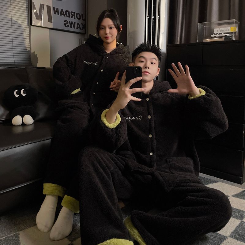 Toothless Couple Little Monster Long Winter Pajamas Cute Cartoon Plus Plush Thick Home Clothes Women's Set_voghion.com