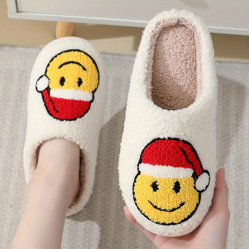 Damen-Hausschuhe mit Kawaii-Cartoon-Smiley, bequeme Schlupfschuhe mit Plüschfutter, warme Hausschuhe für Damen_voghion.com
