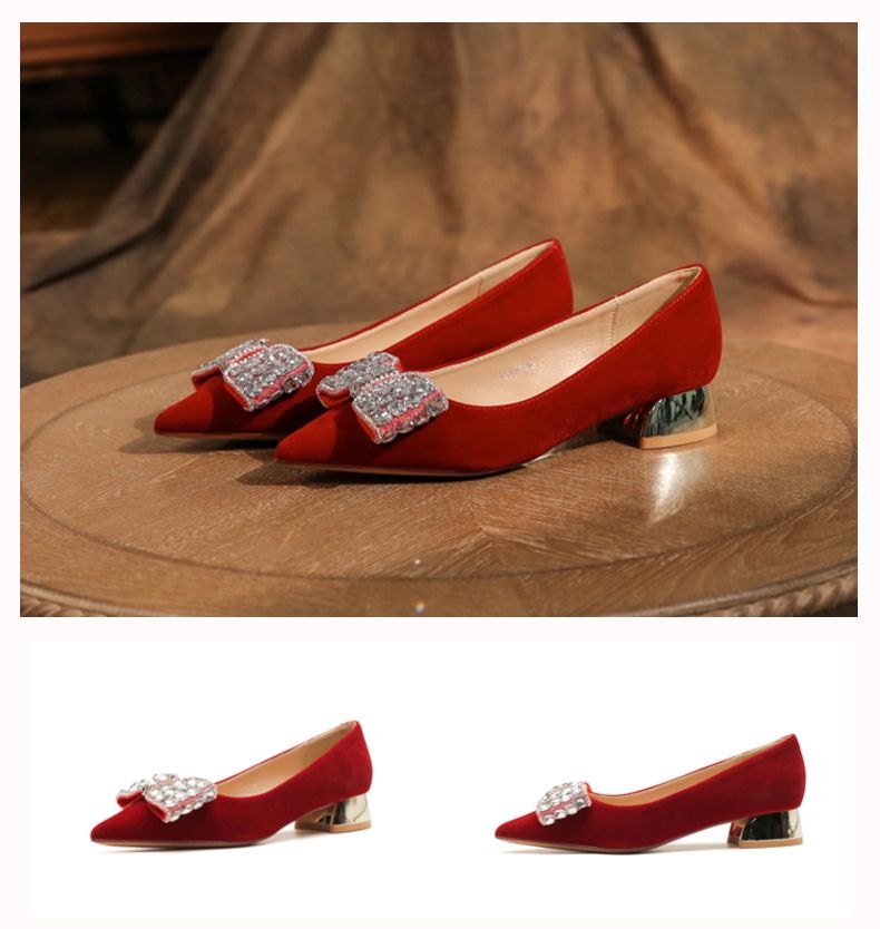 3333H-059 Thick Heel Suede Red High Heels With Rhinestone Bowknot For Banquet Wedding Comfortable Women's Shoes_voghion.com