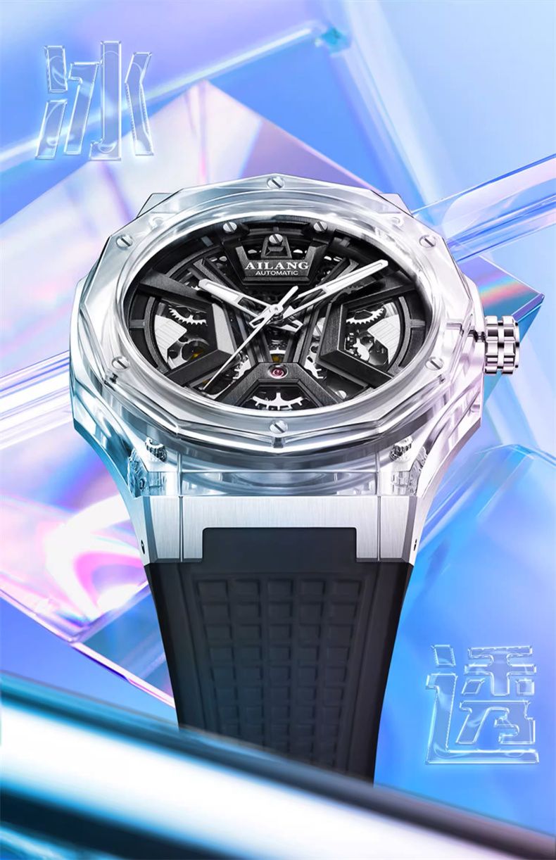 AILANG Women Automatic Mechanical Watch Top Brand Luxury Pink Transparent Case Waterproof Wrist Watch Ladies Skeleton Clock 2024_voghion.com
