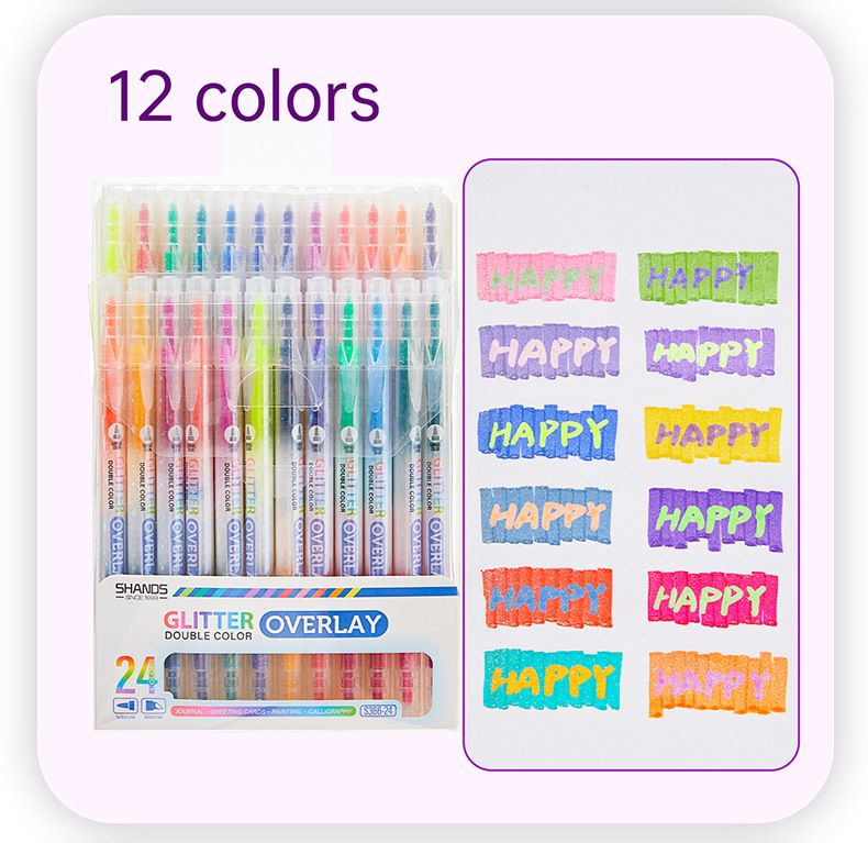 Marqueurs à paillettes et surligneurs à double pointe pour enfants et étudiants, 24 couleurs vives, encre à base d'eau non toxique, parfaits pour la prise de notes_voghion.com