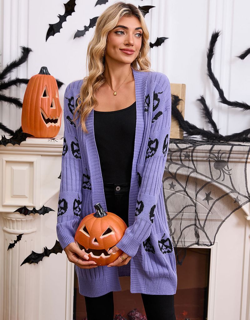 Halloween Pumpkin Jacquard Cardigan Sweater For Women - Acrylic Knit Open Front Coat With V-Neck, Long Sleeve (Black/Orange/Purple)_voghion.com