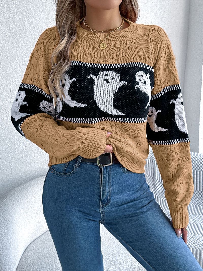 Herfst- en winter Halloween-thema Spook Contrasterende kleur Lange mouw Trui Dameskleding_voghion.com