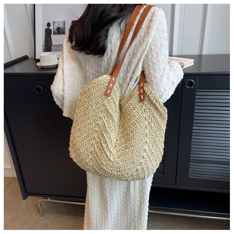 Borsa di paglia Borsa intrecciata Borsa di paglia intrecciata Mori Borsa da spiaggia per donna Borsa da spiaggia intrecciata Borsa a tracolla singola di grande capacità_voghion.com