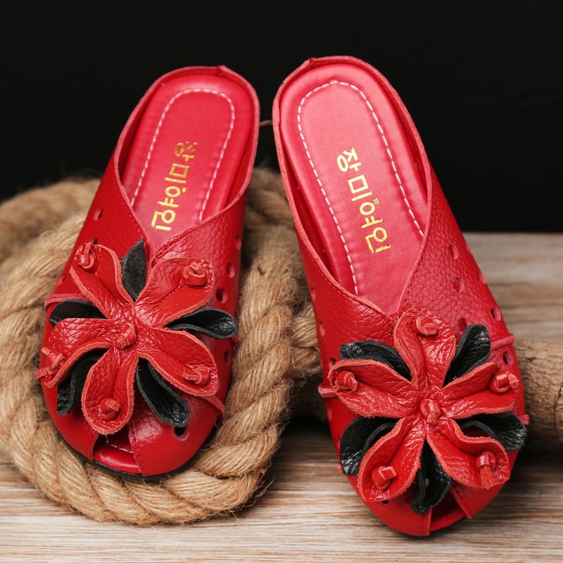 Summer Top Layer Cowhide Flower Women's Shoes Ethnic Style Non-slip Comfortable Soft Sole Flat Middle-aged Sandals_voghion.com