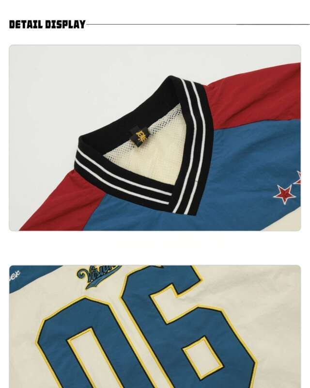 V-hals Contrasterende Splicing Letter Borduurwerk Pullover Hoodie Voor Mannen En Vrouwen, Amerikaans Koppel Trendy Merk Jersey,_voghion.com